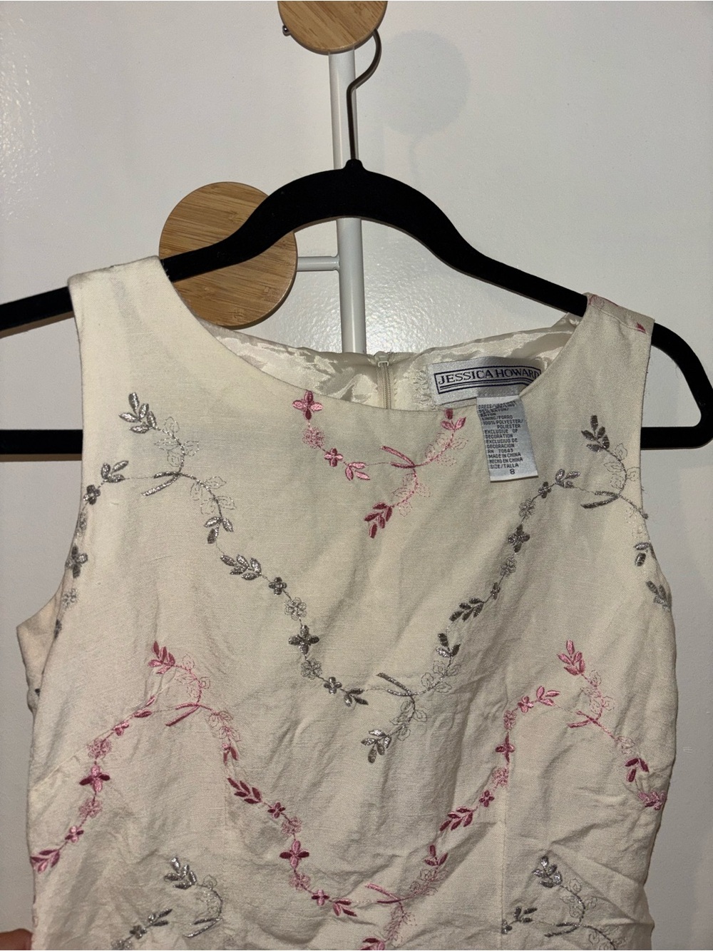 Vintage Jessica Howard Cream Embroidered Sleeveless Dress